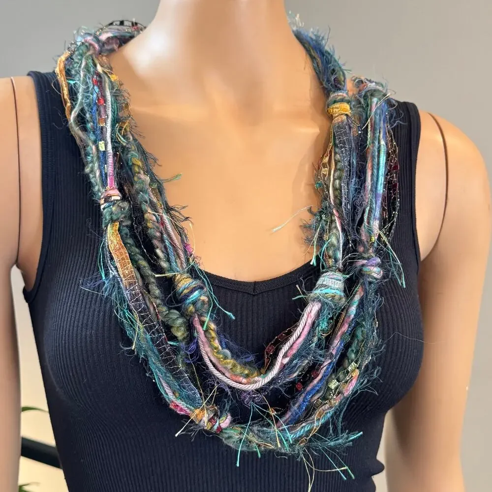 VTG Scarves of Westwood Boho Fiber Yarn Scarf Necklace Multi Strand 110
